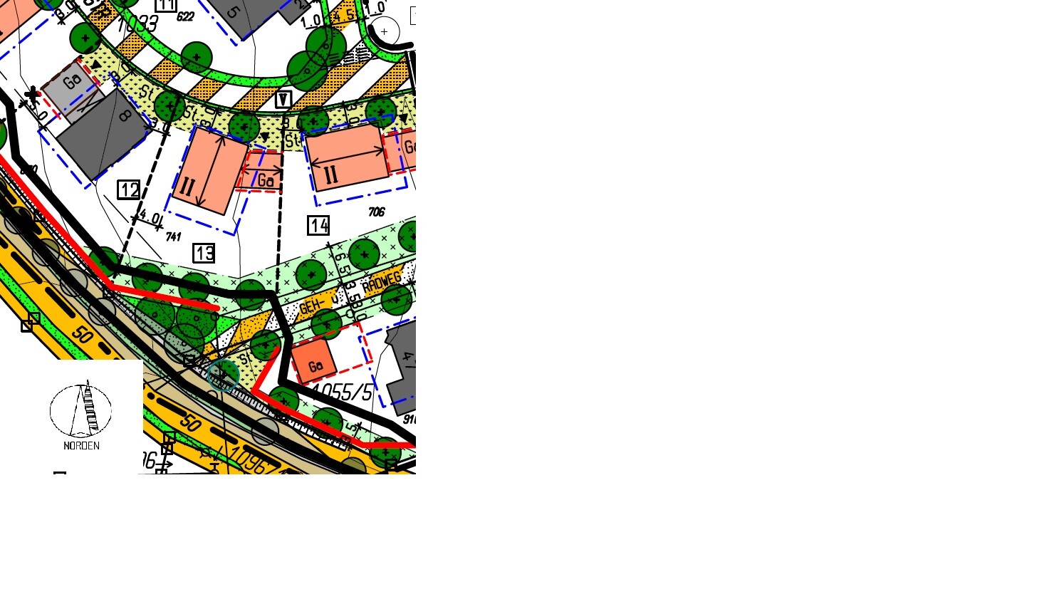 Colored development plan layout with roads, buildings, trees and paths.