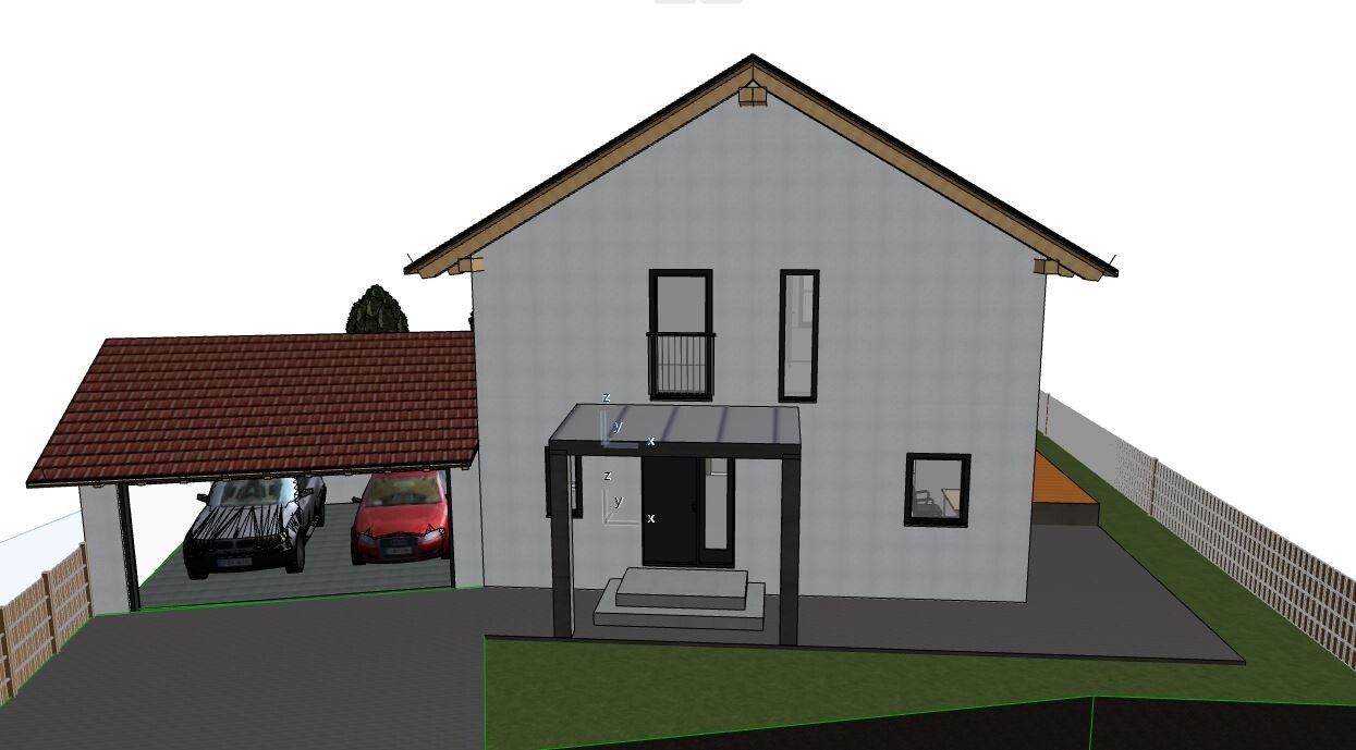 View of a modern two-story house with carport, two cars and covered entrance.