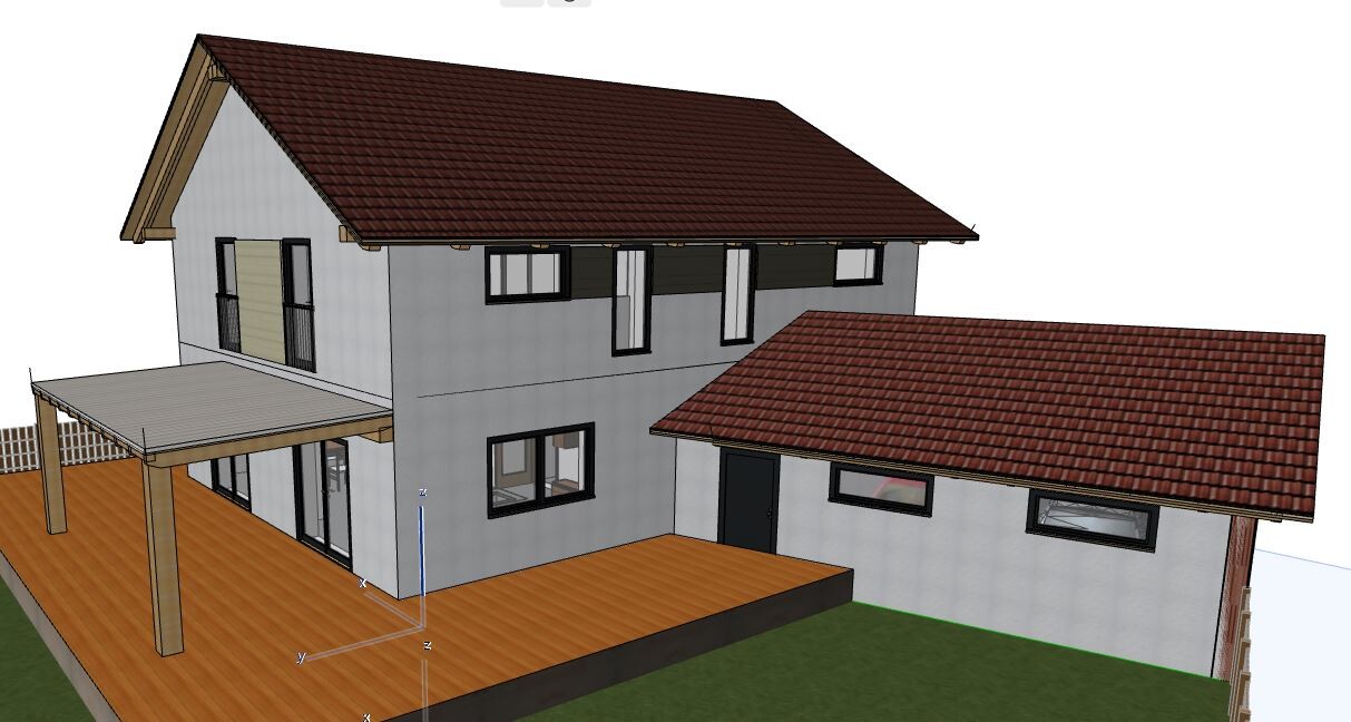 3D house model: two-story house with red tiled roof, grey walls and wooden terrace
