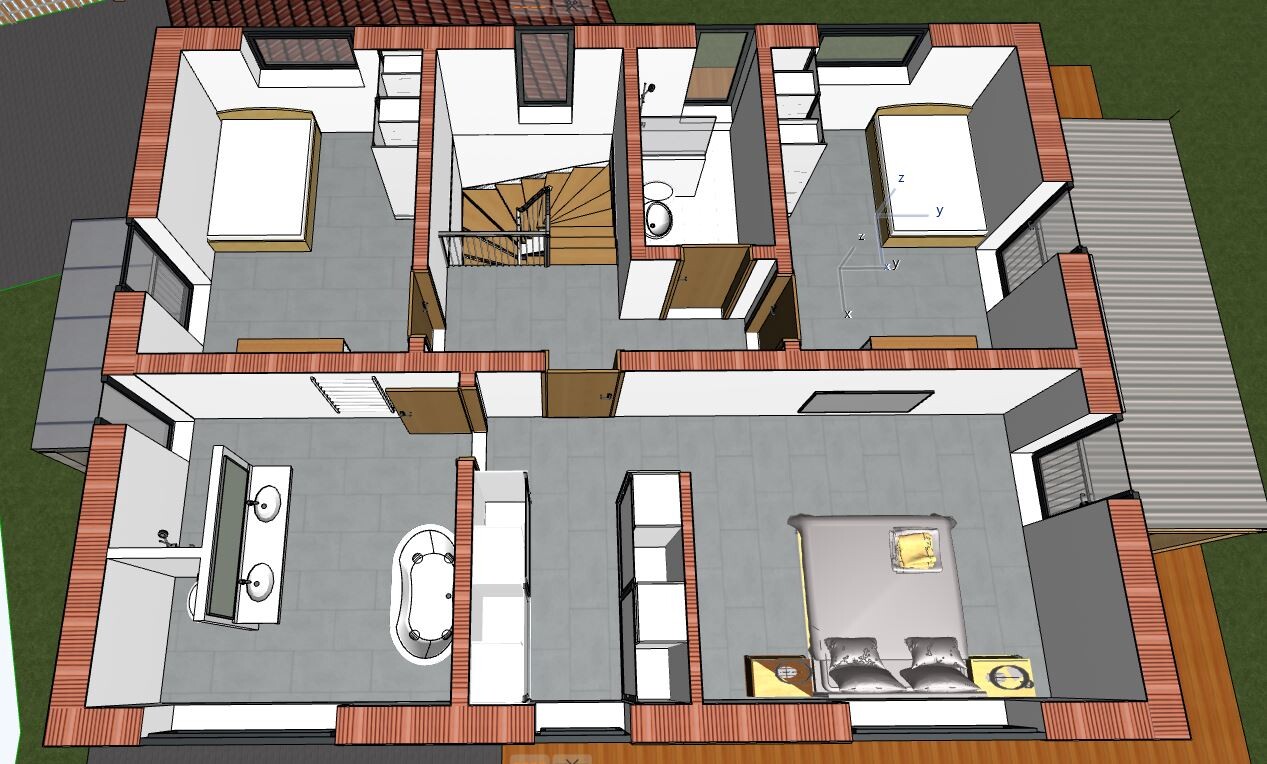 3D house floor plan: staircase in the center, two bedrooms, bathroom, open living area, terrace