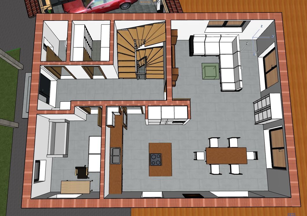Top view floor plan of a house: kitchen with island, dining area, living room, office, stairs.