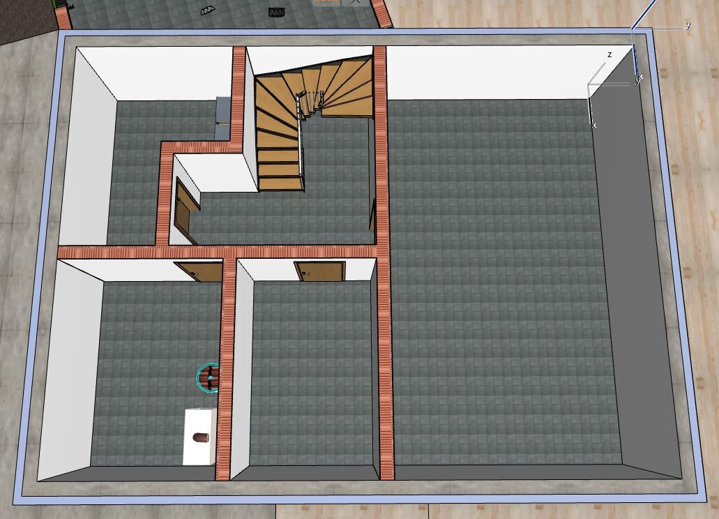 Interior floor plan with central staircase, red brick walls, doors and grey tiles.