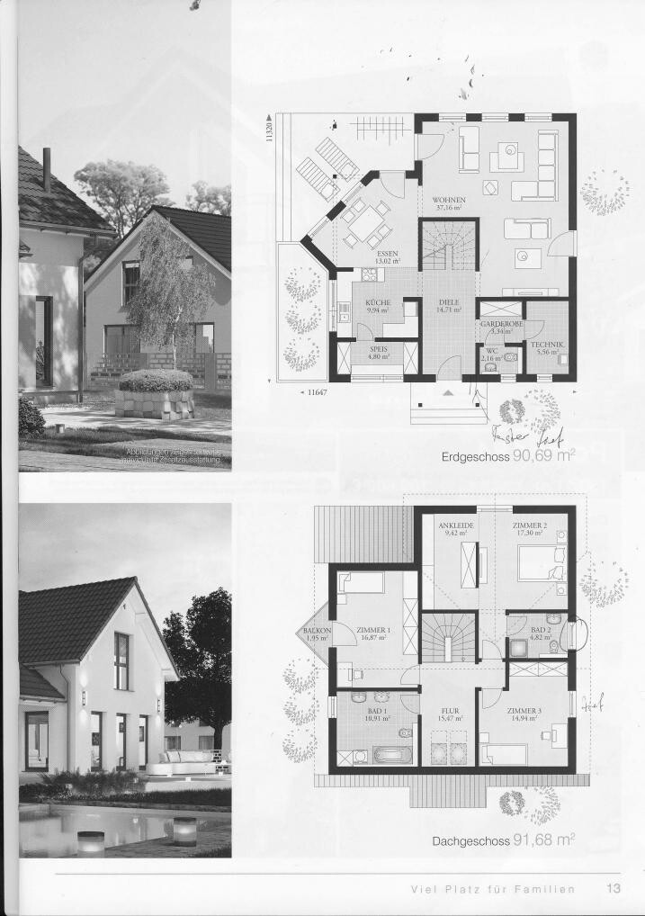 Exterior photos of a modern single-family house and floor plans of the ground floor and upper floor.