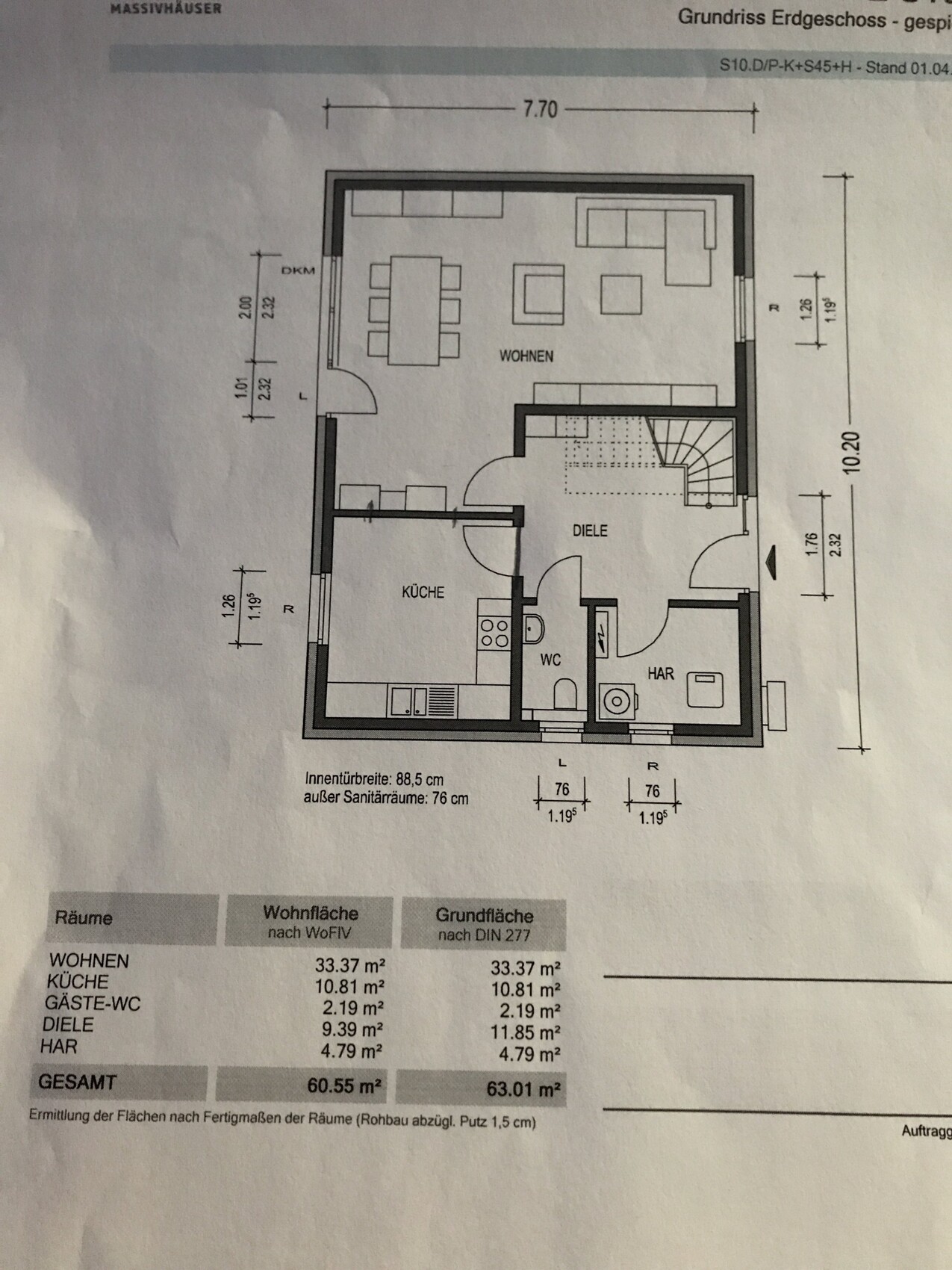 Ground floor plan: living room, kitchen, hallway, WC, utility room and stairs.