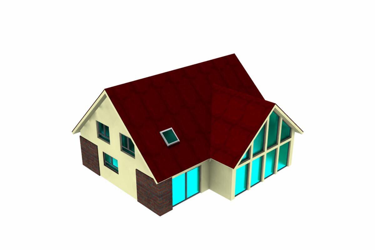 3D model of a house with red tiled roof, yellow facade and large glass windows
