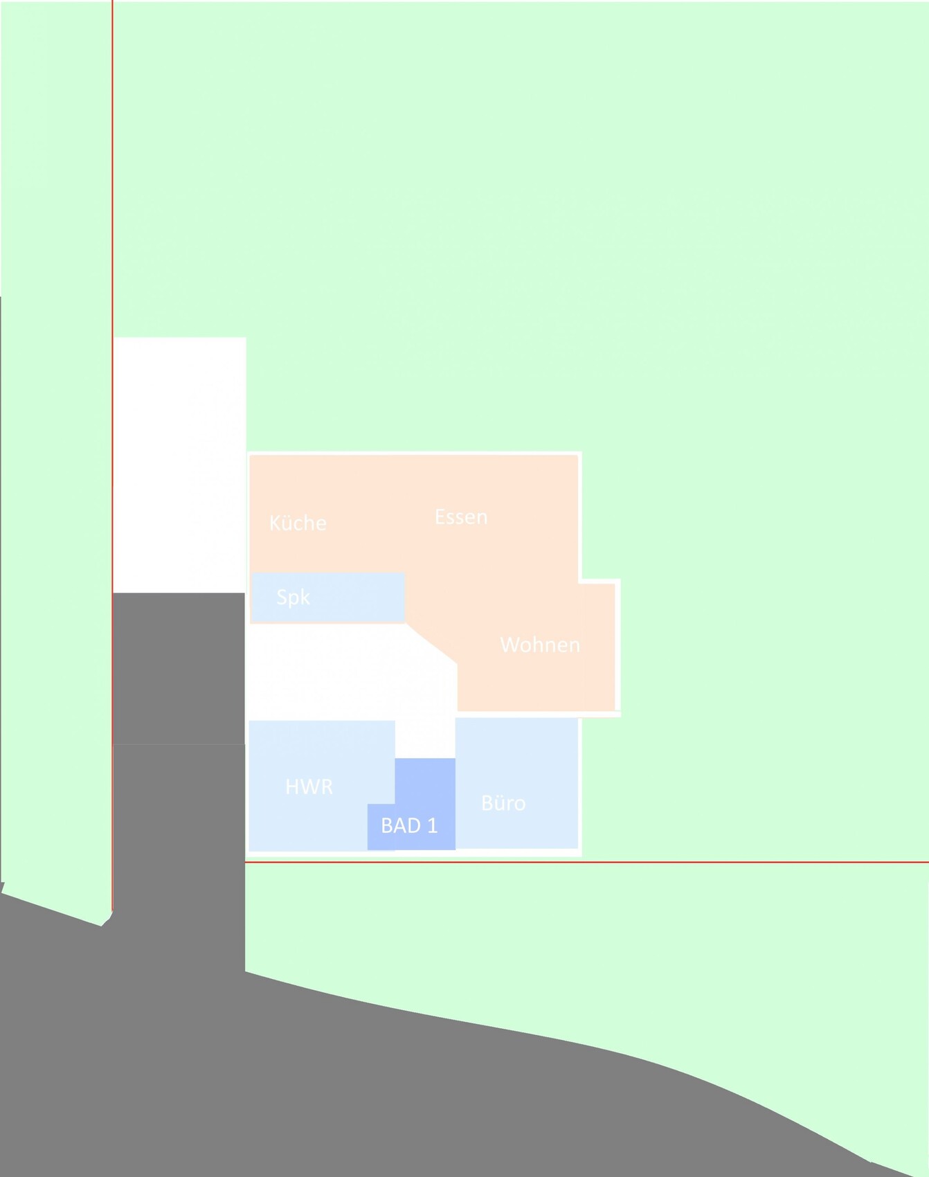 Floor plan of a house with kitchen, living room, bathroom, utility room, and office
