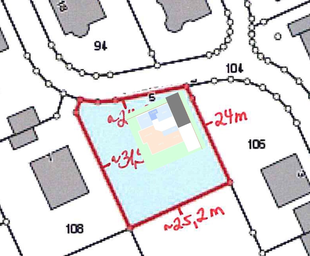 Site plan of a plot with red outline and surrounding parcels