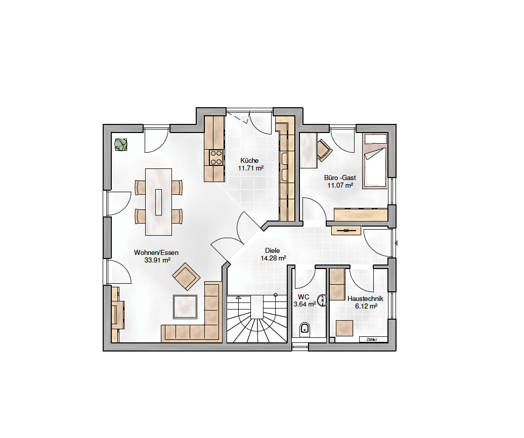 2D floor plan of a house with living area, dining, kitchen, hallway, office, and utility room