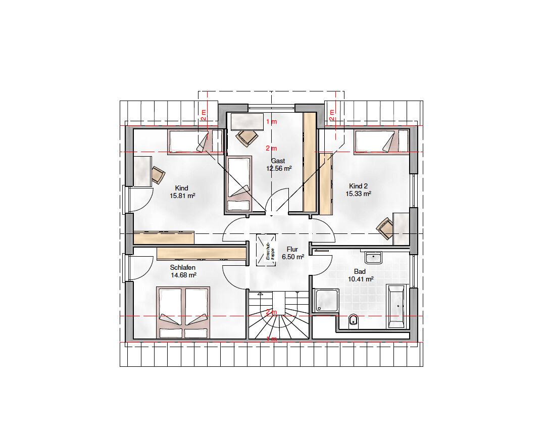 2D upper floor plan of a residential house with bedrooms, bathroom, hallway, and guest room