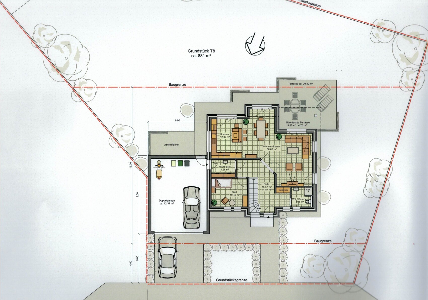 Floor plan of a detached house with garage, terrace, and garden area.