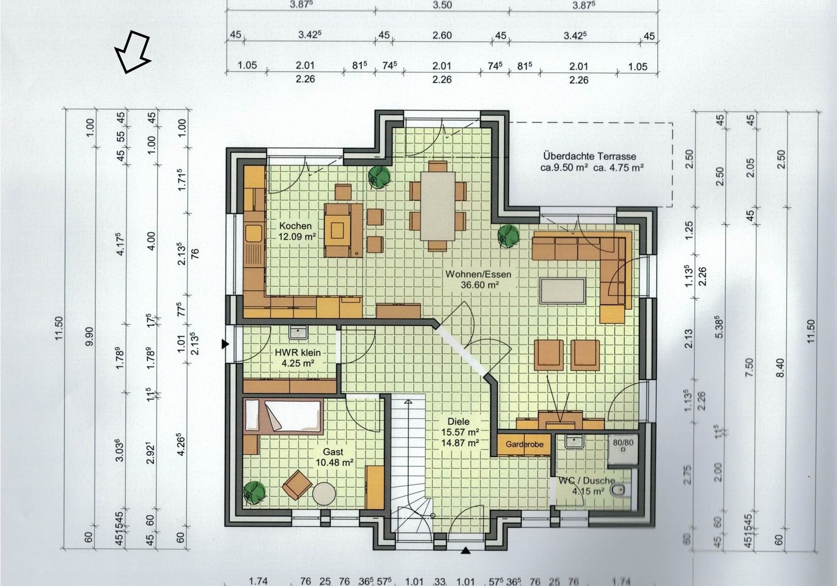 Floor plan of a house with kitchen, living/dining, guest, hall, utility room, cloakroom, WC/shower, and terrace.