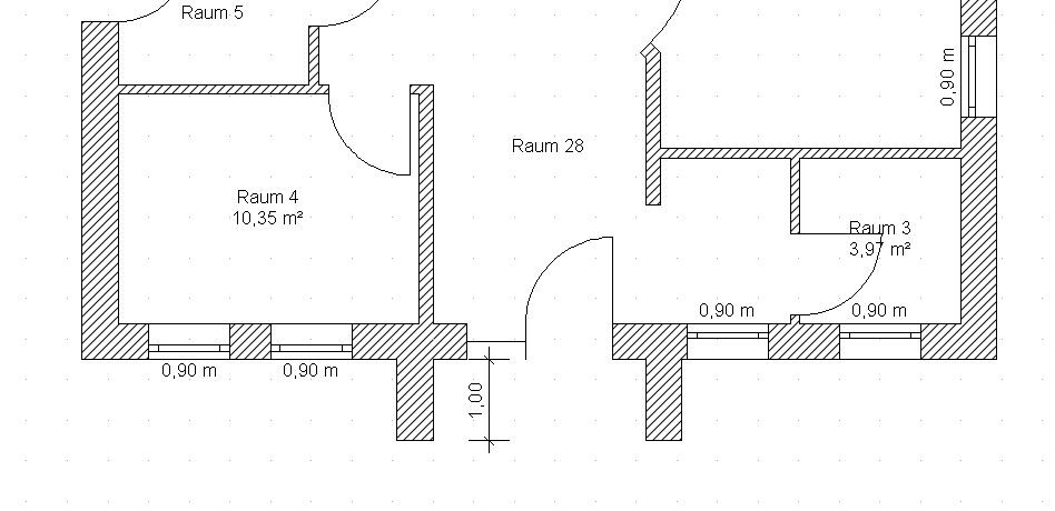 Floor plan: Room 4 left, Room 28 center, Room 3 right; doors and measurements visible.