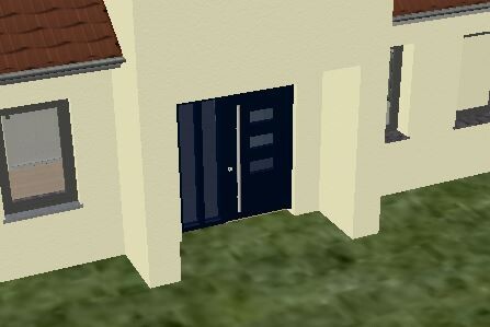 3D house front with dark blue entrance door, beige facade, and green front yard.