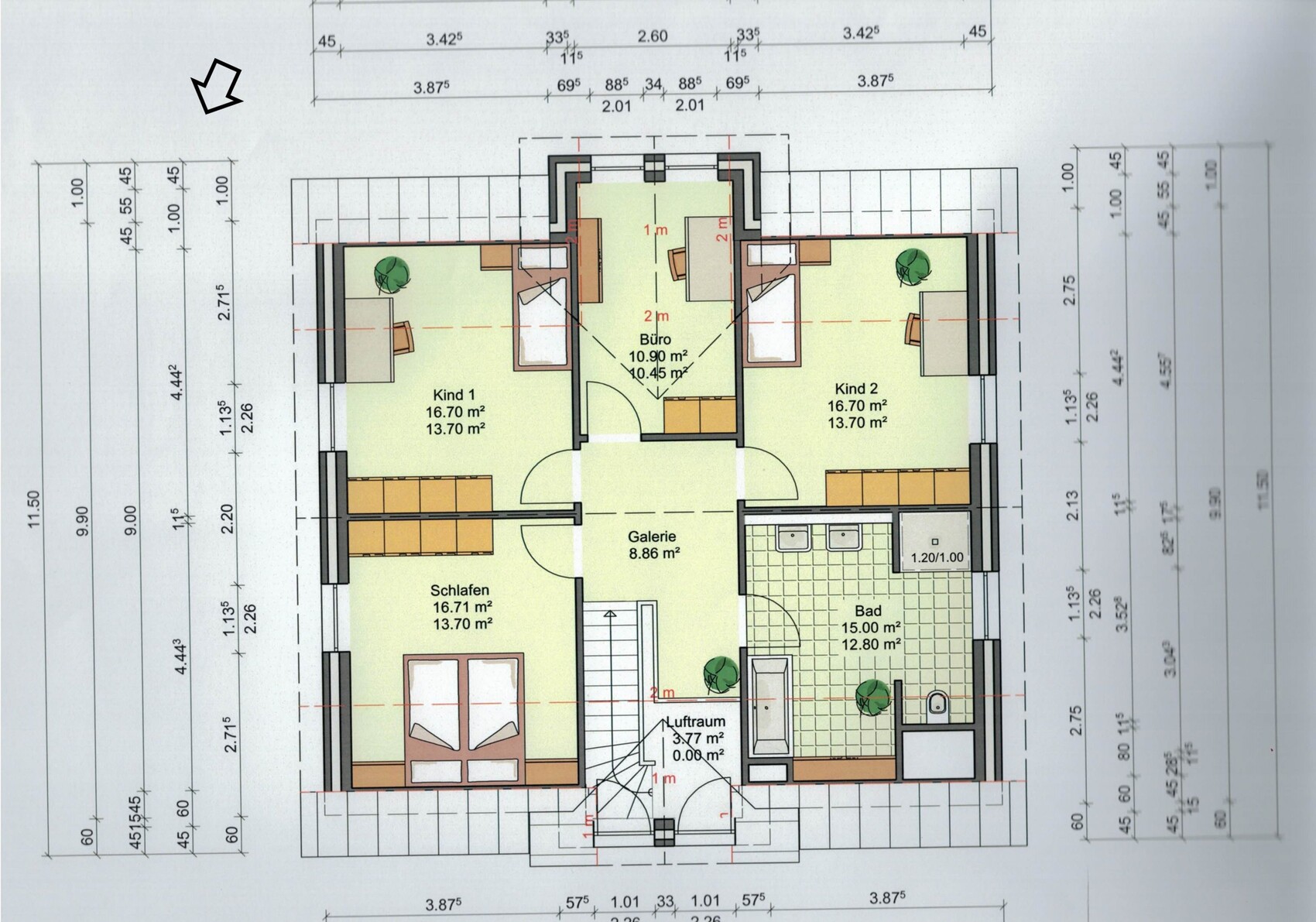 Floor plan of a house with central gallery, bedroom, two children's rooms, bathroom, and office.