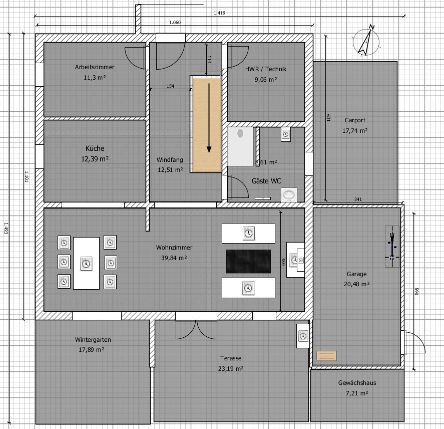 Grundriss eines Hauses: Wohnzimmer, Küche, Wintergarten, Terrasse, Garage und Carport.
