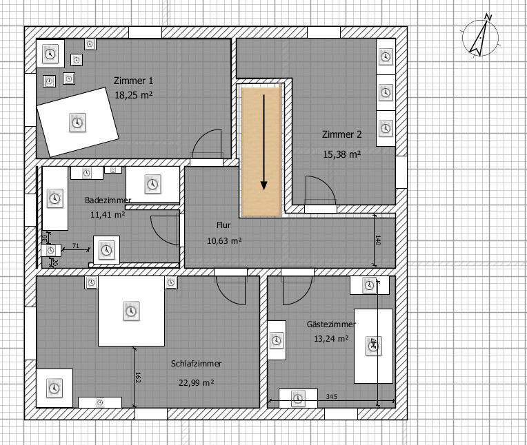 Grundriss eines Wohnplans mit Zimmer 1, Zimmer 2, Schlafzimmer, Gästezimmer, Bad, Flur, Treppe.