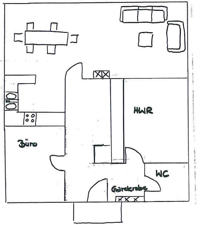 Sketchy floor plan of a house with office, kitchen, WC, utility room, and living room.