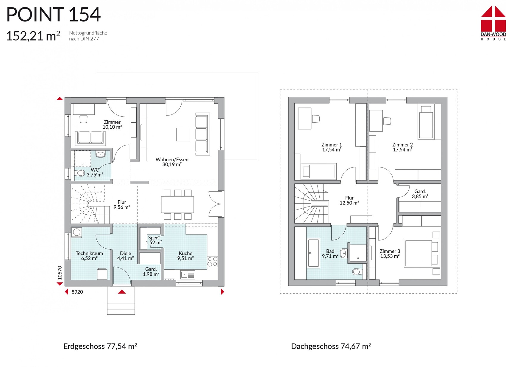 Two-story house floor plan with ground floor and attic, rooms, kitchen and bathroom.