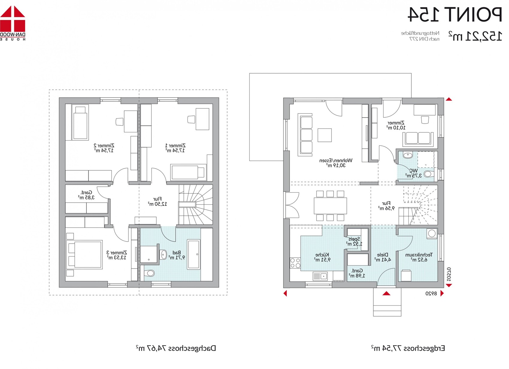 Two-story house floor plan with ground floor and attic as a drawing