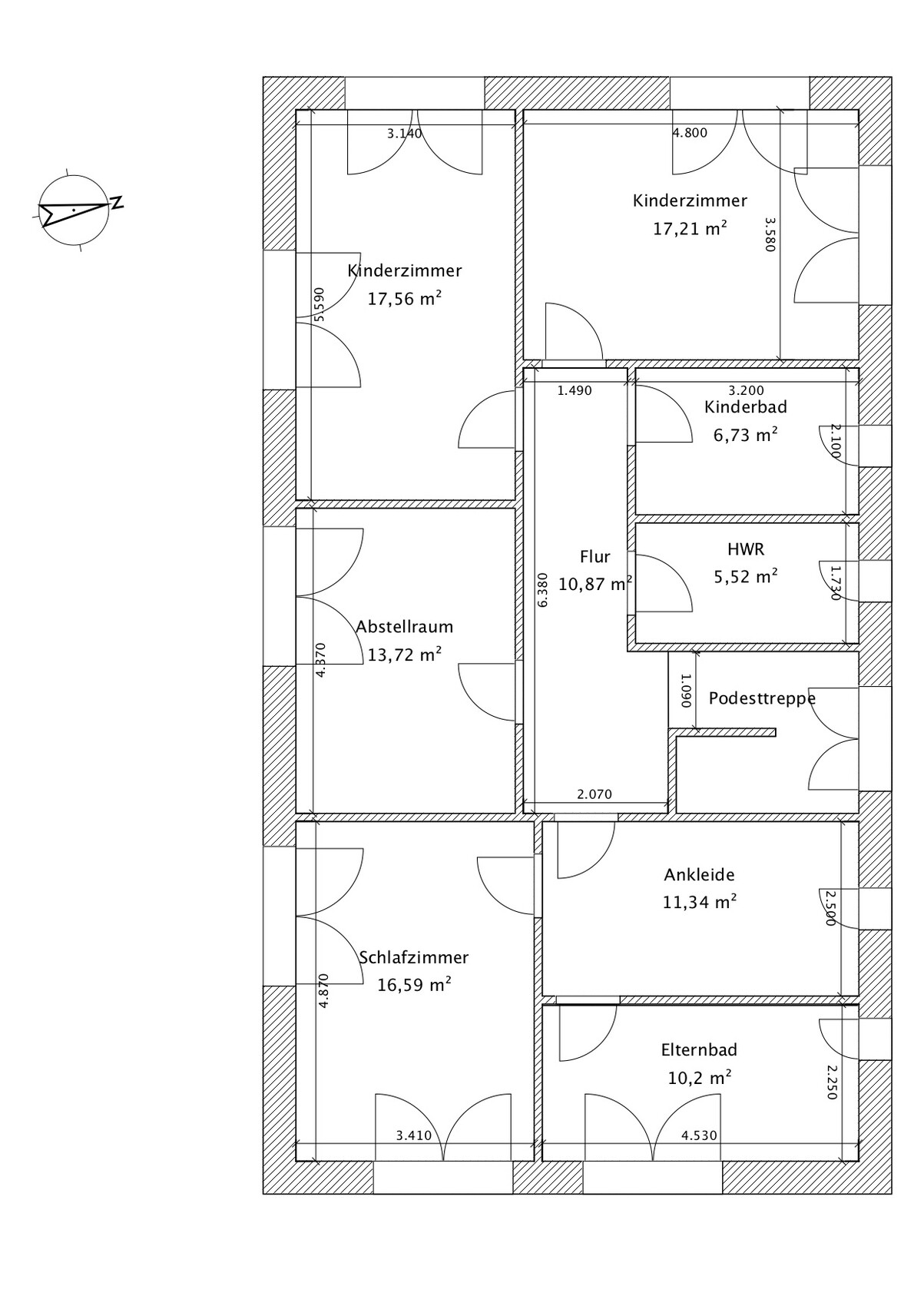 Floor plan of a house: bedroom, children’s rooms, hallway, bath, dressing room, utility room.