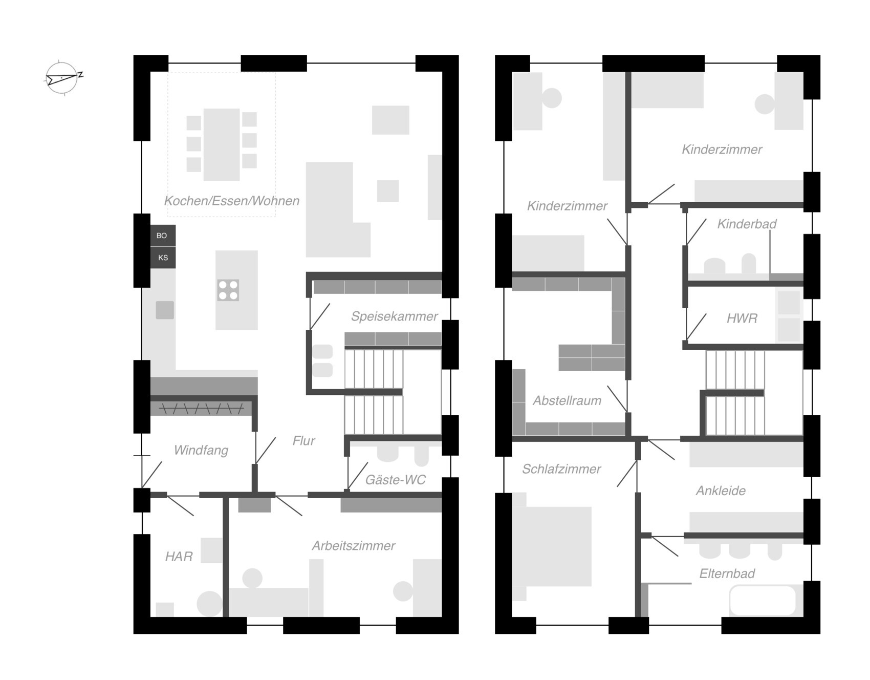 Floor plan of a two-story house with kitchen, living, pantry, bedroom, children’s room, bath, utility room.