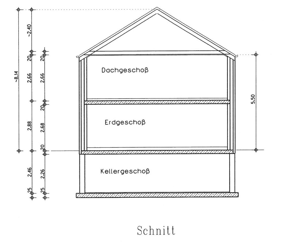 Technical cross-section of a house with basement, ground floor and attic.