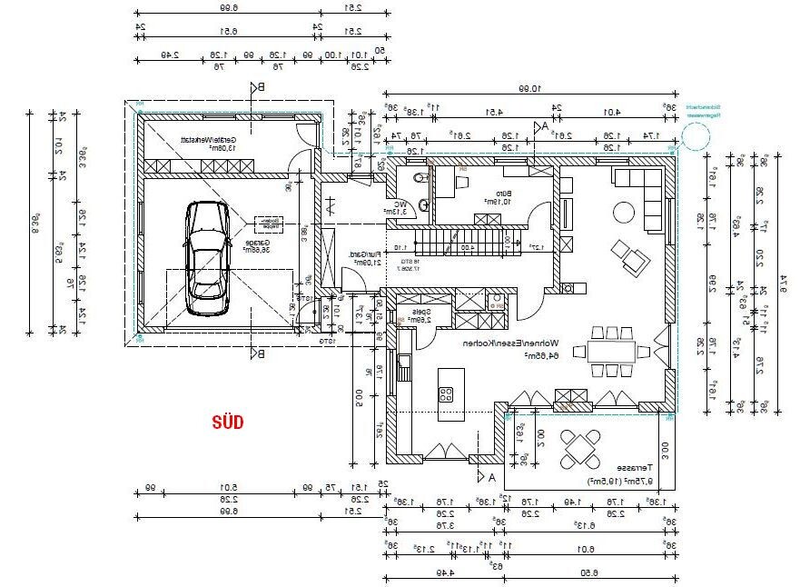 Floor plan of a house with garage, open kitchen, dining area, living room, and staircase.