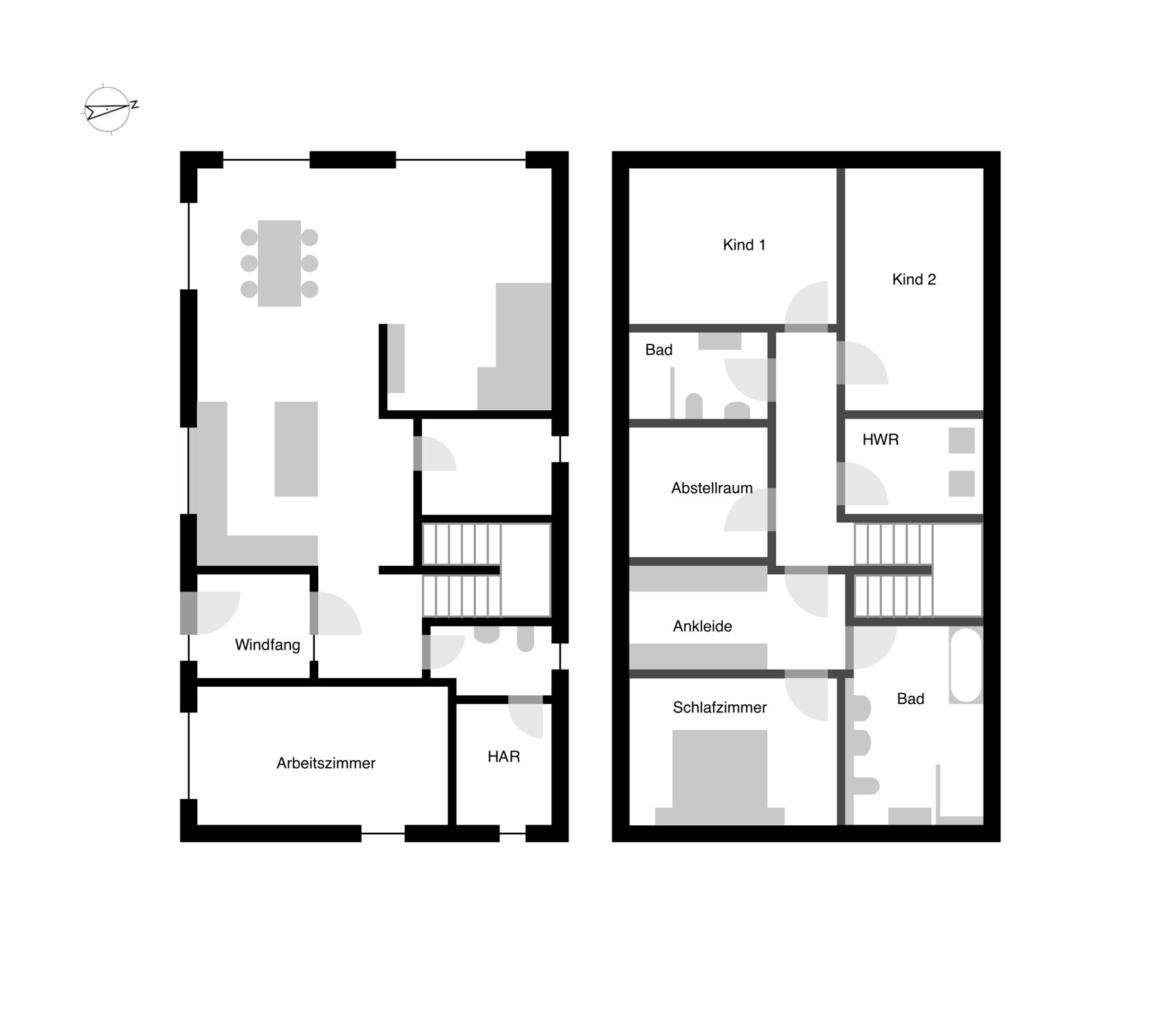 Two-story floor plan: Ground floor vestibule/office; upper floor child 1/2, bathroom.