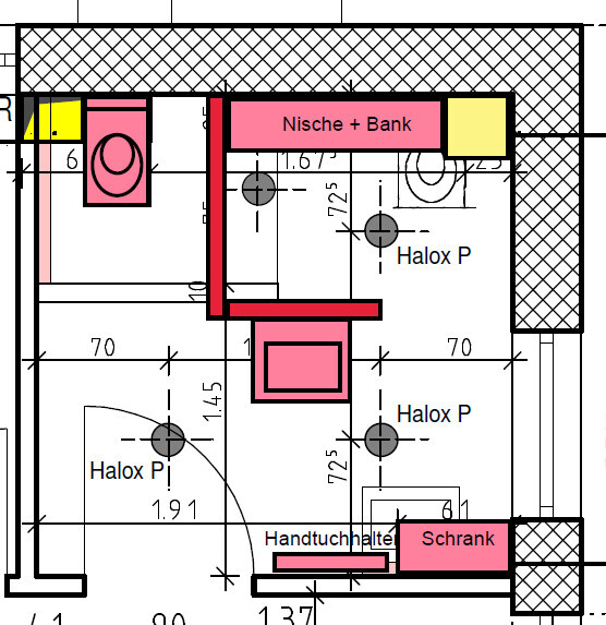Two-dimensional floor plan with niches, cabinets, and towel holder.