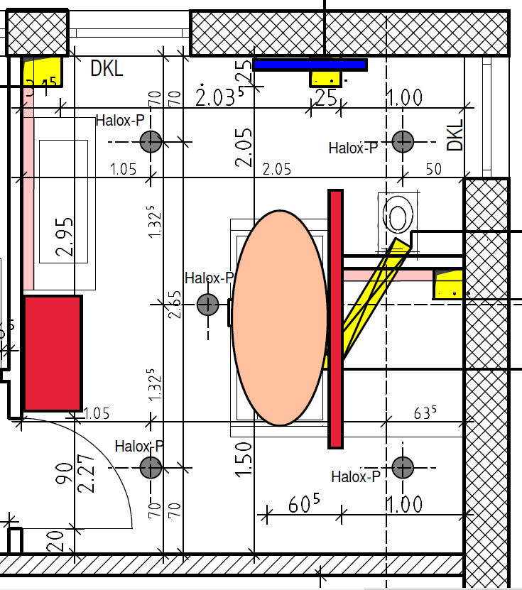 2D floor plan of an interior space with furniture, doors, and dimensions