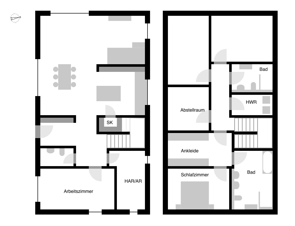 Two-story floor plan: left wing study, utility/storage room (HAR/AR); right wing storage room, bathroom.