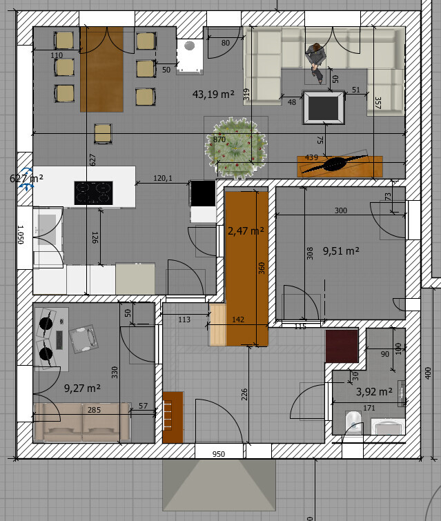 Detailed floor plan of a house: kitchen with island, dining and living room, bedroom, bathroom.