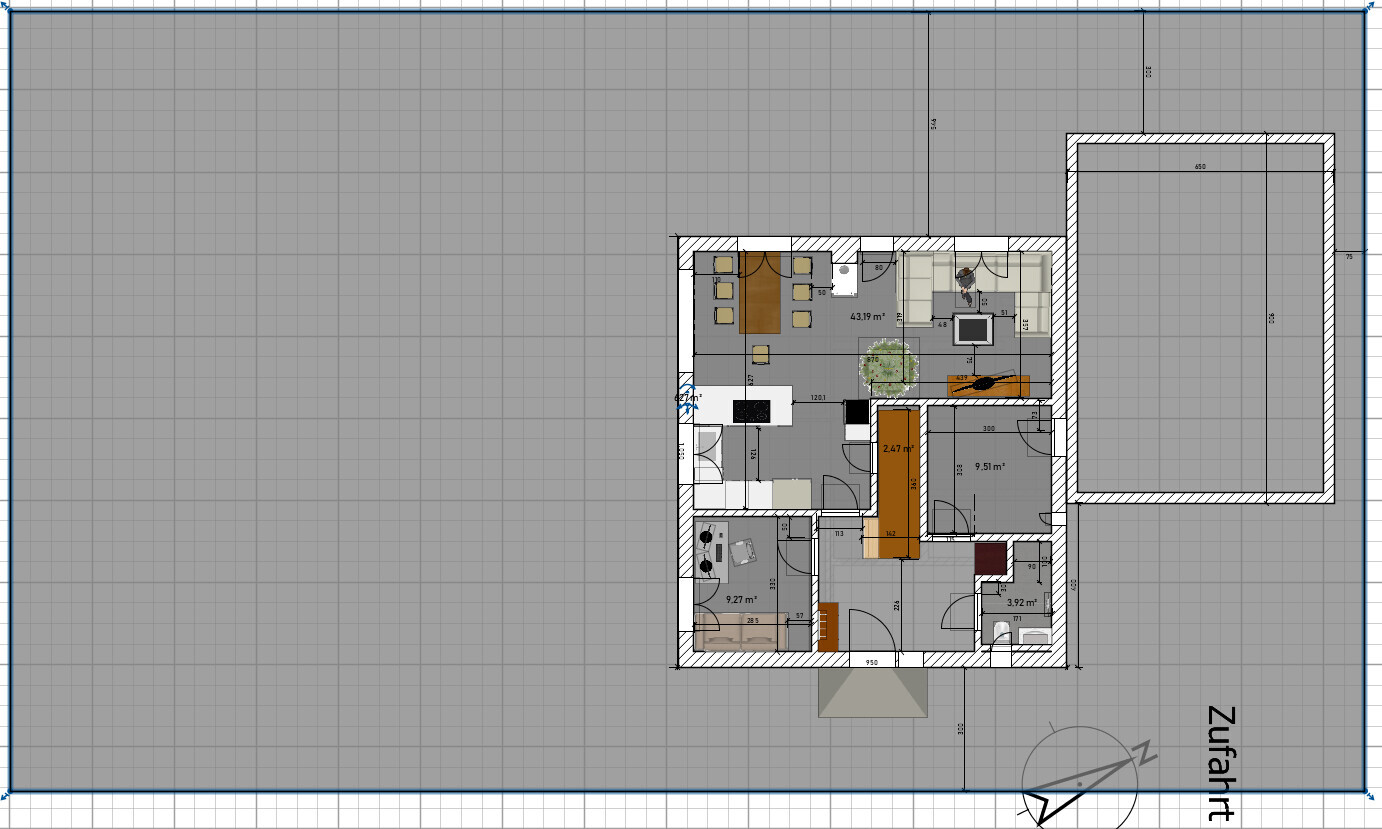 Floor plan of a house: living room, kitchen, dining area, hallway, garage on the right, driveway.