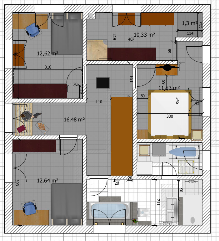 Floor plan of an apartment with several rooms, beds, tables, bathroom, kitchen, hallway, sizes in m²