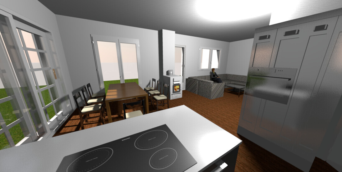 Open-plan kitchen and living room: island with cooktop, dining table on the left, fireplace, sofa with person, refrigerator on the right.