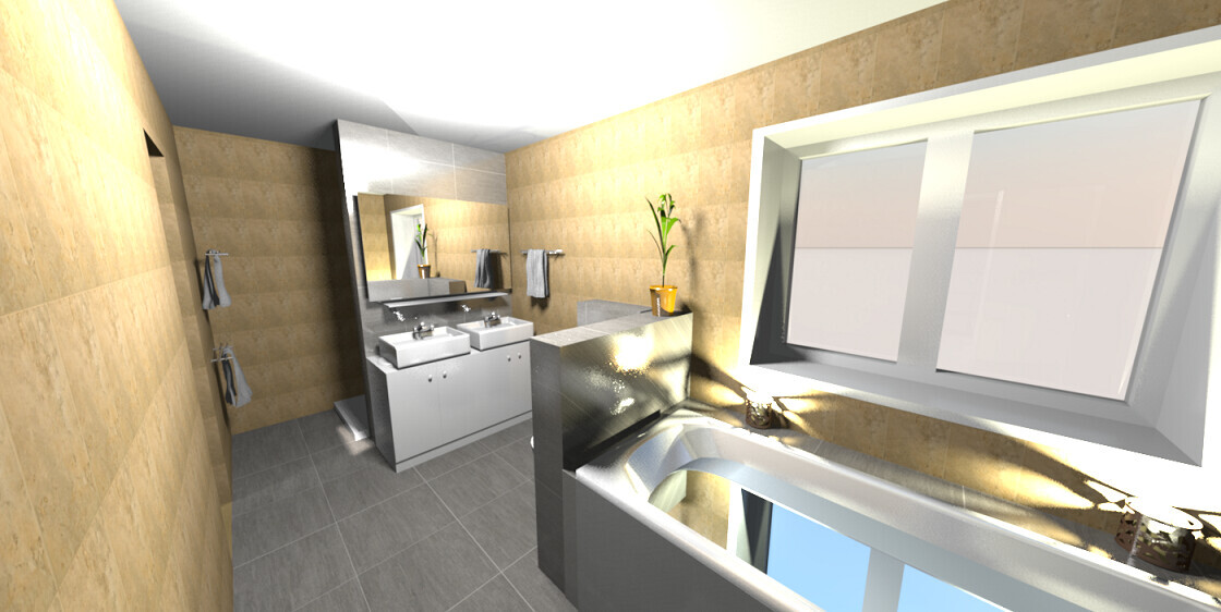Modern bathroom: bathtub, double sink, large mirror, window, plant.