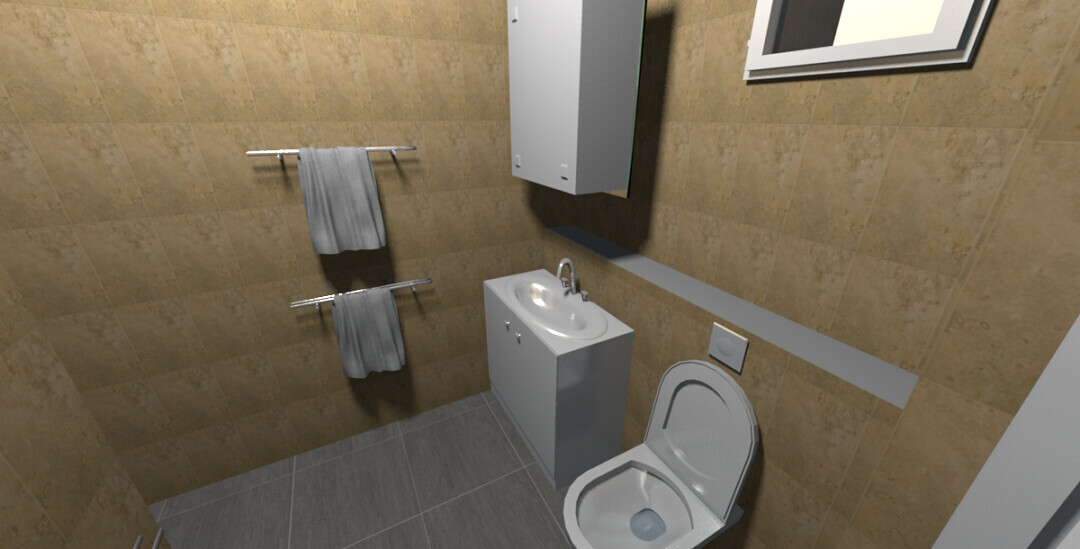 Bathroom with brown tiles, vanity cupboard, toilet, two towels, mirrored cabinet.