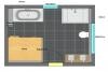 2D Grundriss einer kompakten Wohnung mit Bad, Küche und Wohnzimmer