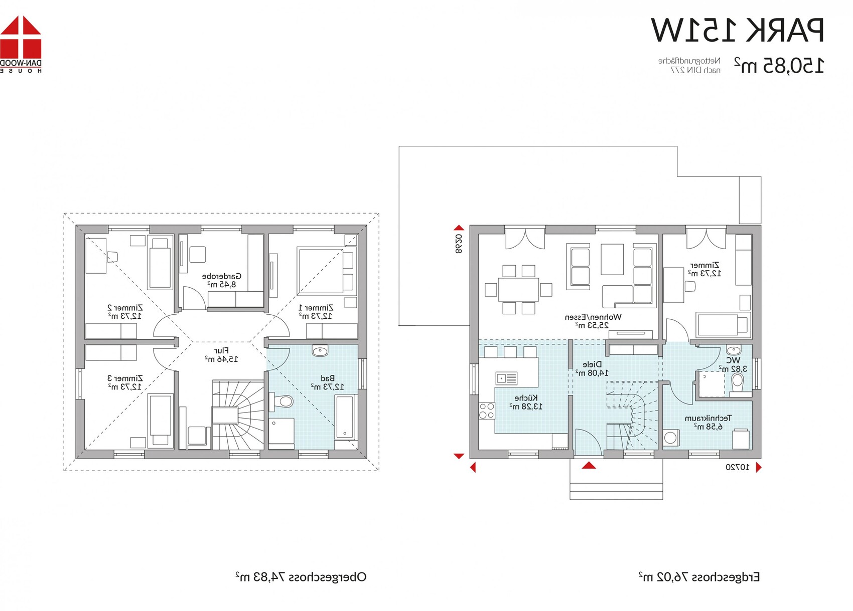 Two-story house floor plan with kitchen, dining area, living room, bedrooms, and bathroom