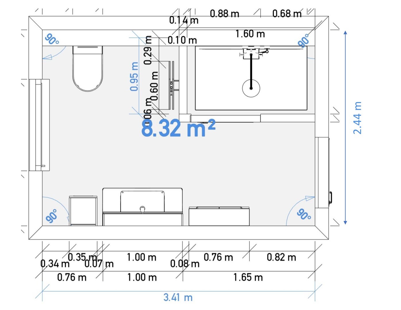 Detaillierter 2D-Badgrundriss mit WC, Waschbecken und Maßen
