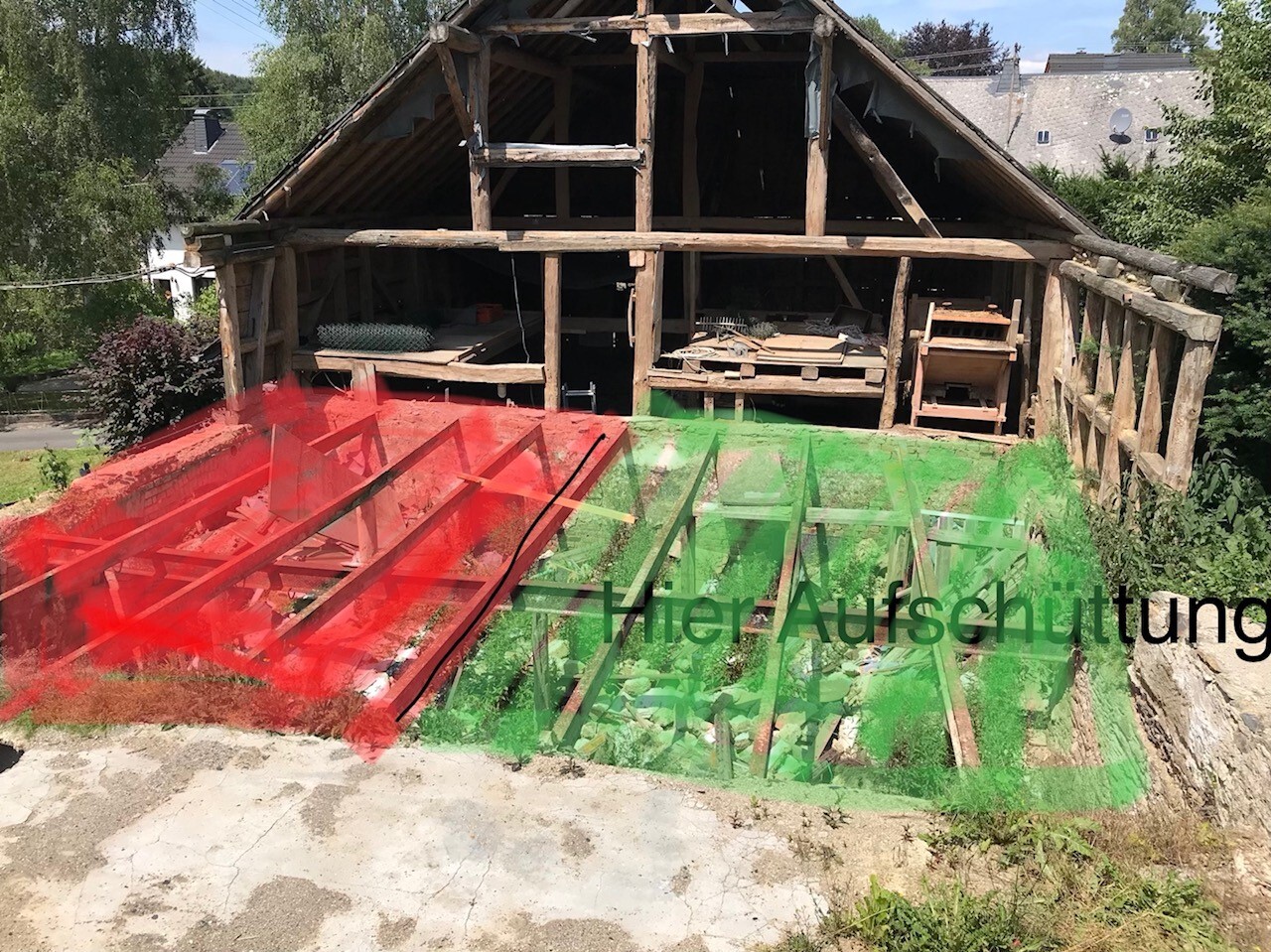 Wood frame house under construction with exposed beams and timber