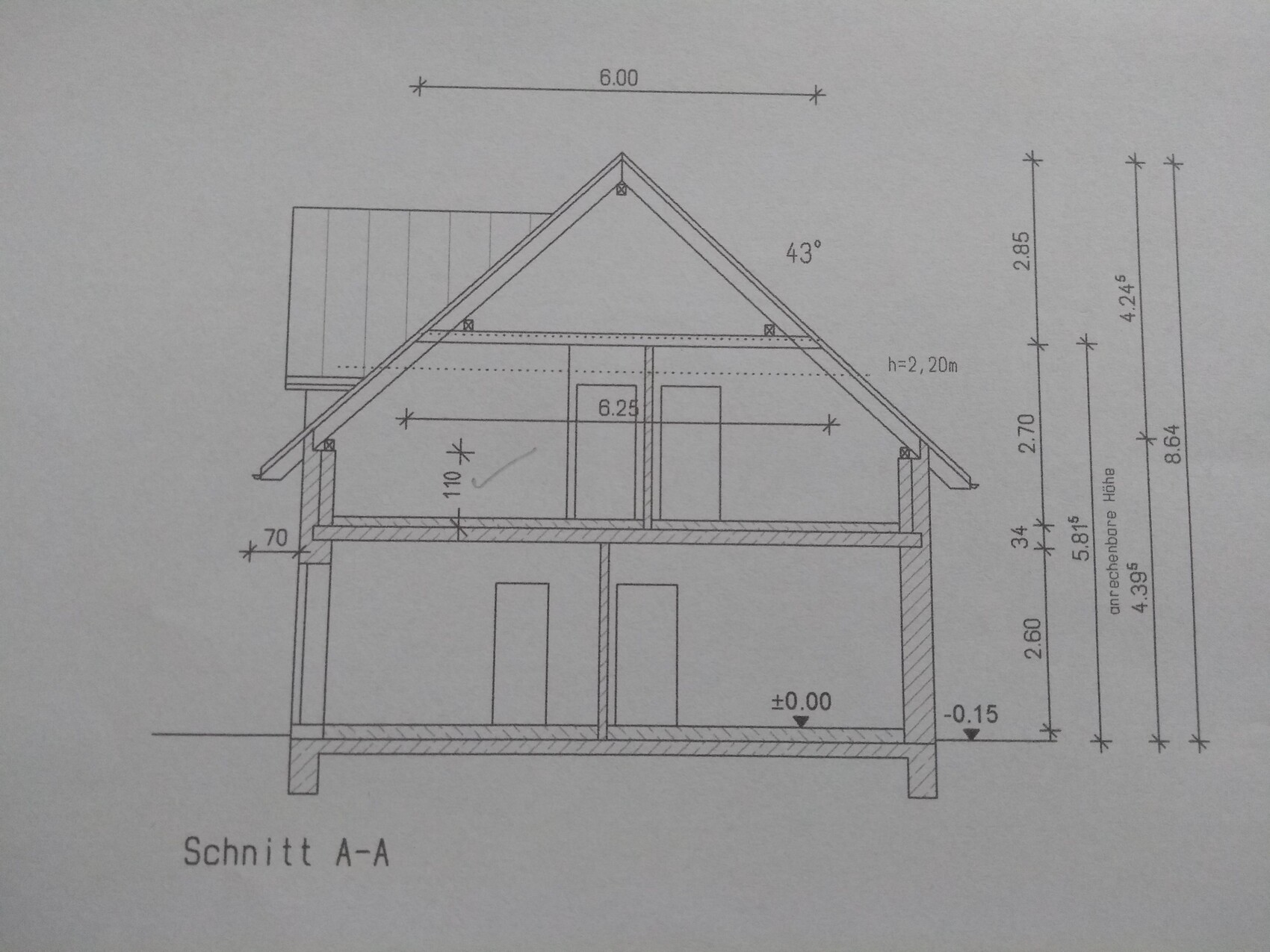 Section A-A of a multi-story house with gable roof, interior layout and dimension lines.