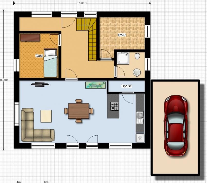 2D floor plan of a house with living room, kitchen, dining area, guest room, and garage.