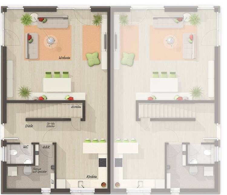 Two mirrored floor plans with living room, kitchen, dining area, hallway, WC, and staircase.