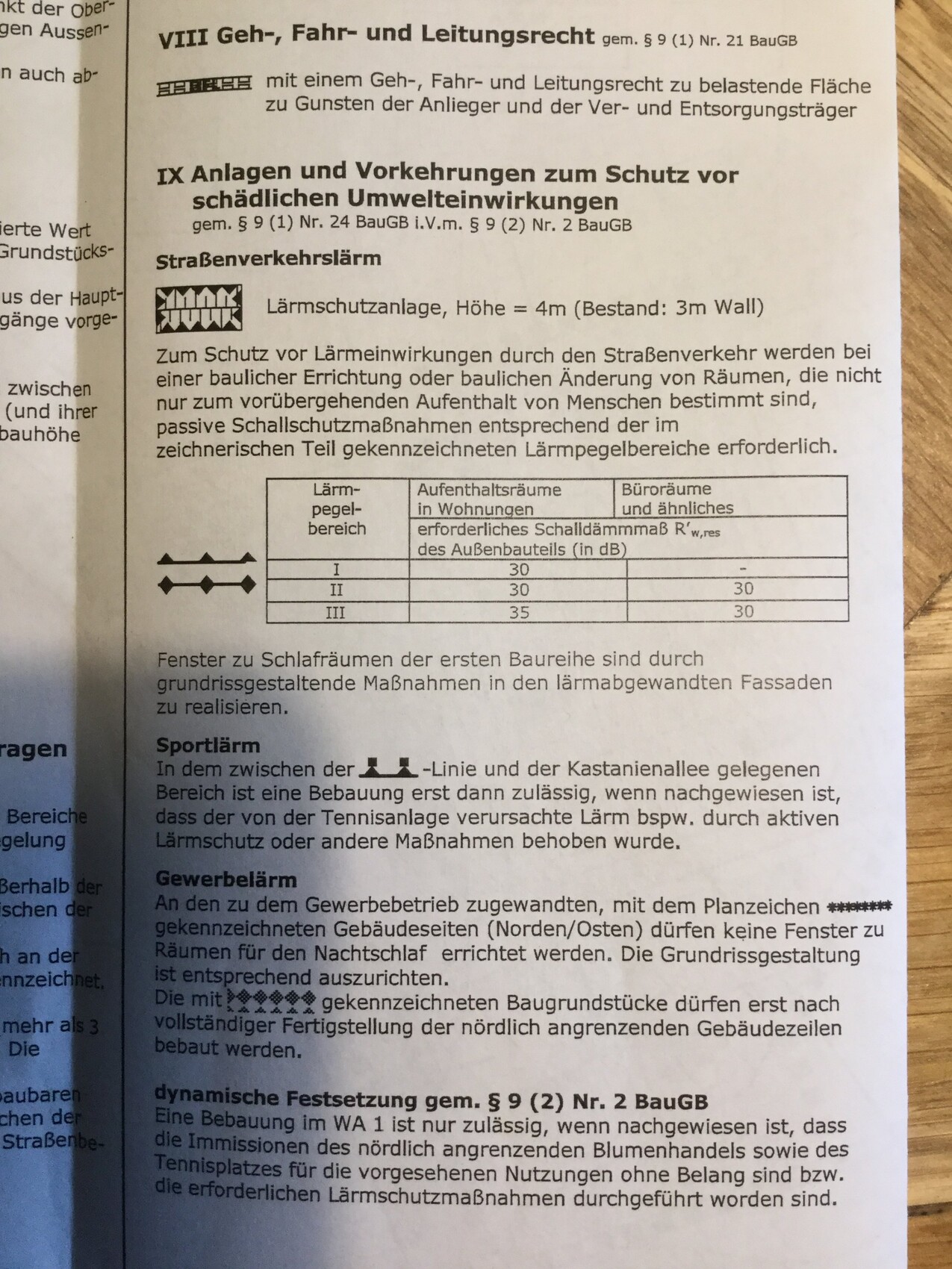 Seiten eines Bauvorschriften-Dokuments mit Textabschnitten und Lärmschutz-Diagramm.