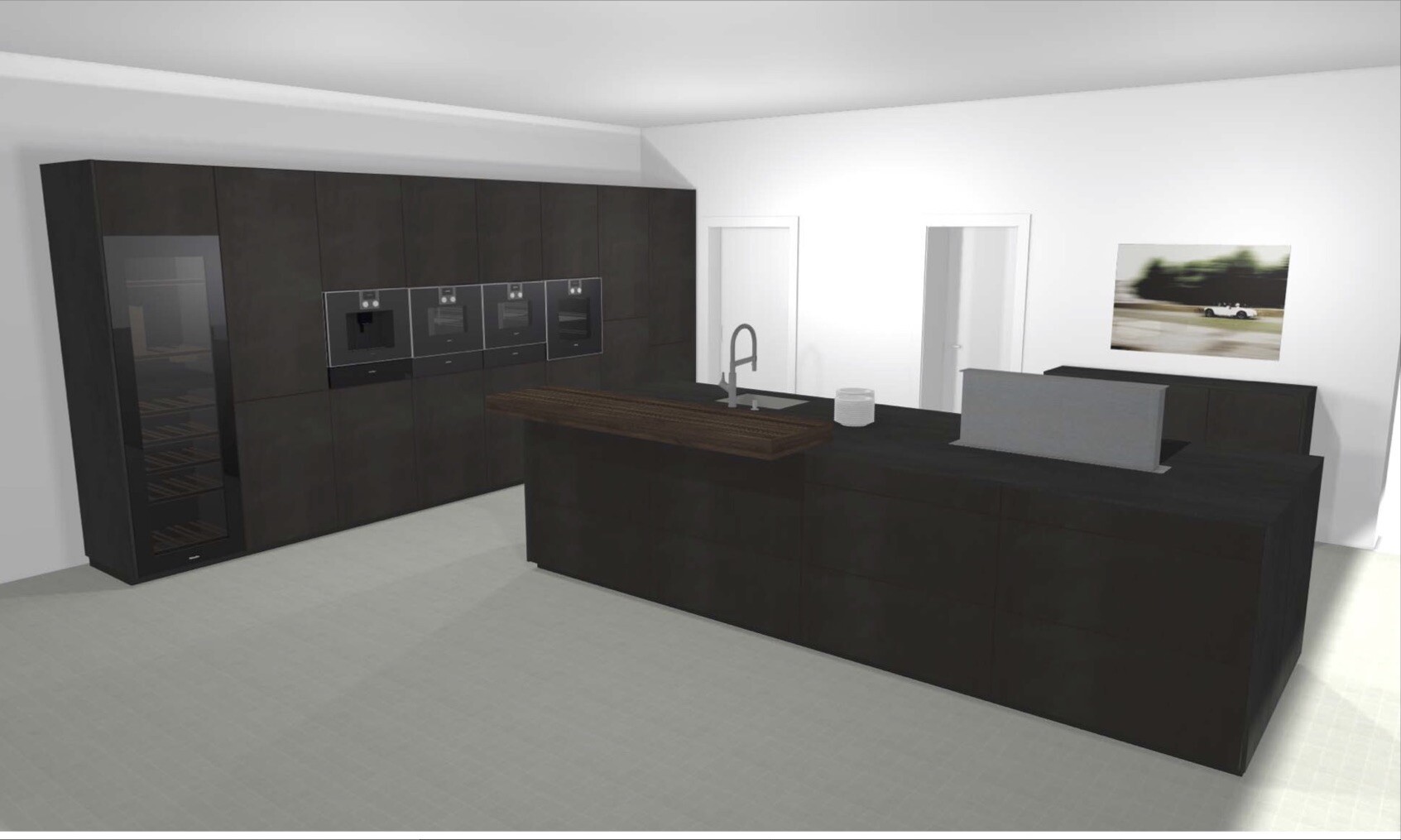 Modern dark kitchen fronts with island and built-in ovens in a 3D kitchen.