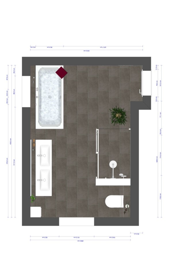 Bathroom layout with bathtub, double sink, shower, and toilet on tiled floor