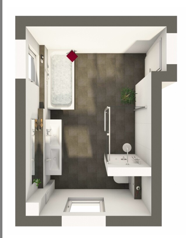 Detailed 3D bathroom floor plan with bathtub, shower, and wash area