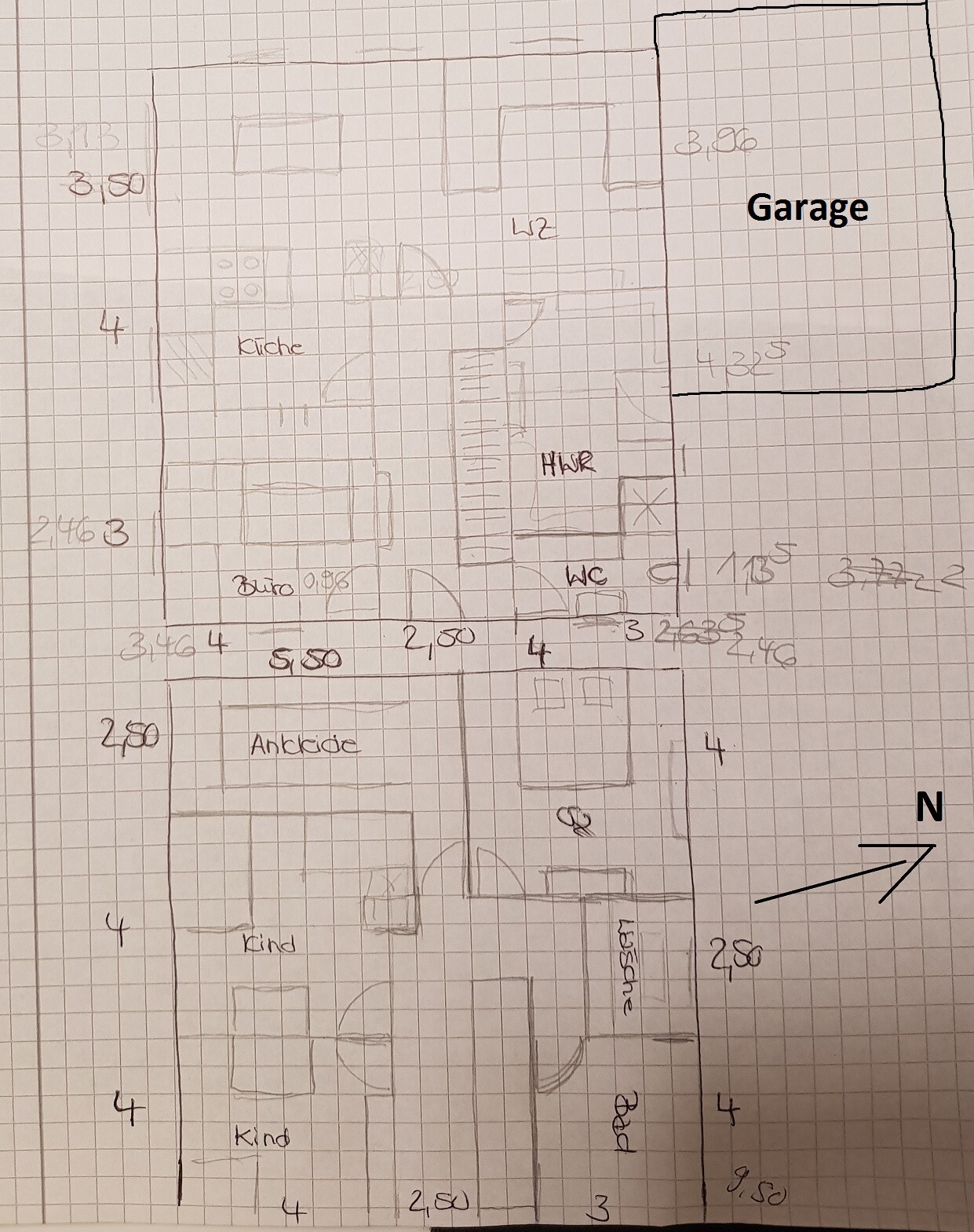 Hand-drawn floor plan sketch of a house with kitchen, office, toilet and garage.