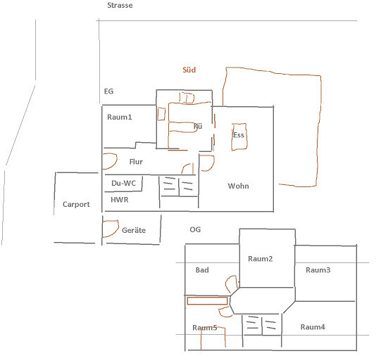 Grundriss eines Hauses mit zwei Ebenen (EG/OG): Wohn, Küche, Ess, Bad, Raum1-5, Flur, HWR, Carport.